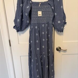 Free People Blue Maxi Sundress with Bishop Sleeves and Square Neck